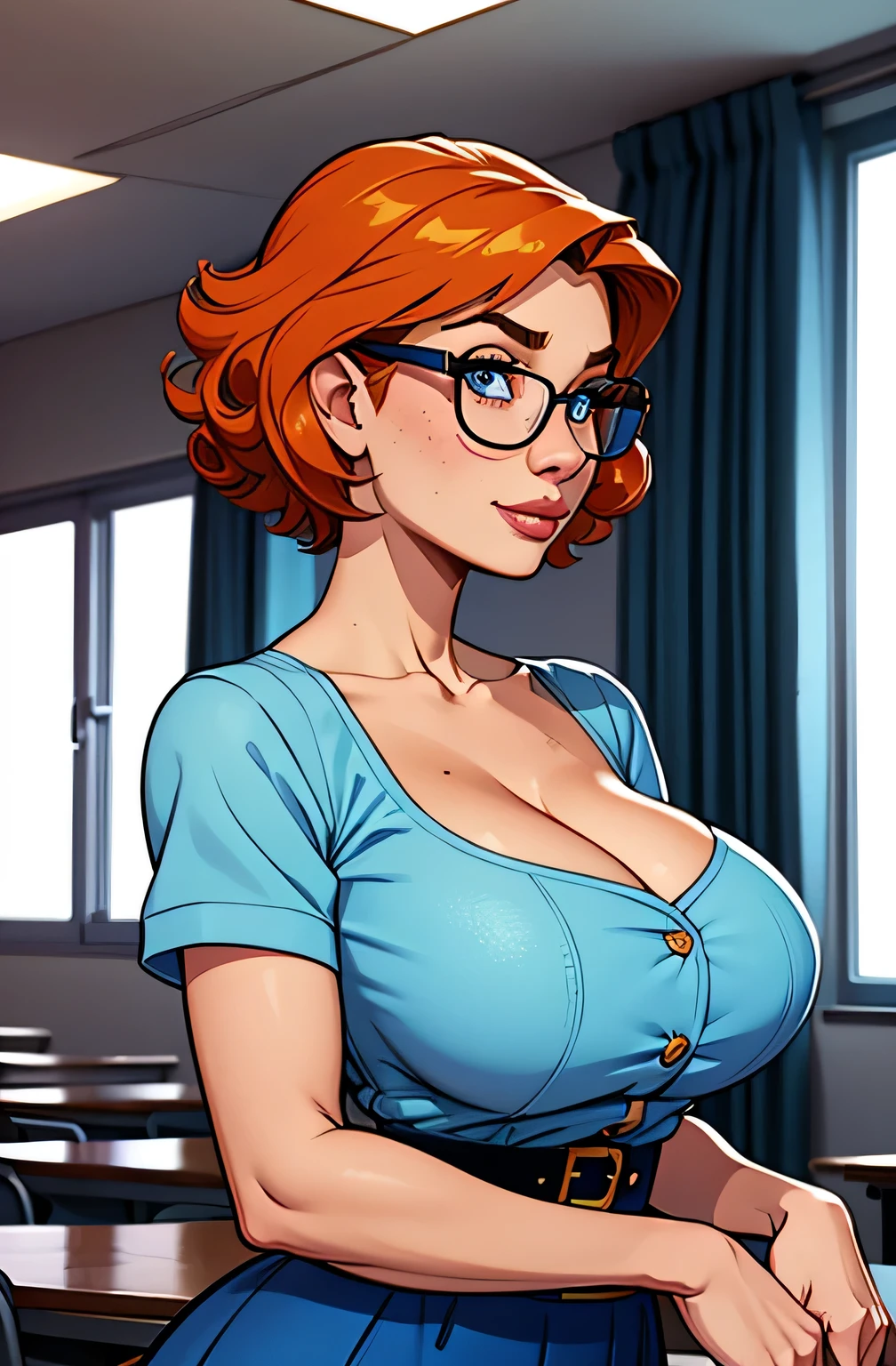 girl, white skin, medium-short height, medium orange hair, with unruly bangs. blue eyes. She was wearing a elegant blue dress. Party dress. busty. Comic style.