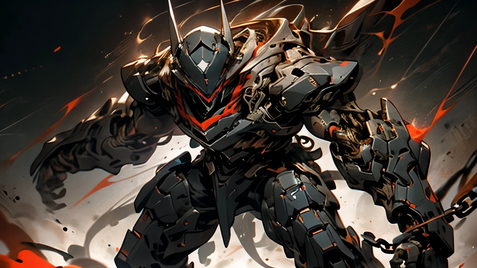 Thin outline, anime style, cool and edgy , A mysterious figure in a dark suit with robotic features, Hold the chain, Standing on a red background , Dramatic Lighting, Cyberpunk, dark, sleek design, future, fashionable, pose , colorful, confident, Performance, accessory, Swirl, around , stylish, attack, 【Contemporary, fashion