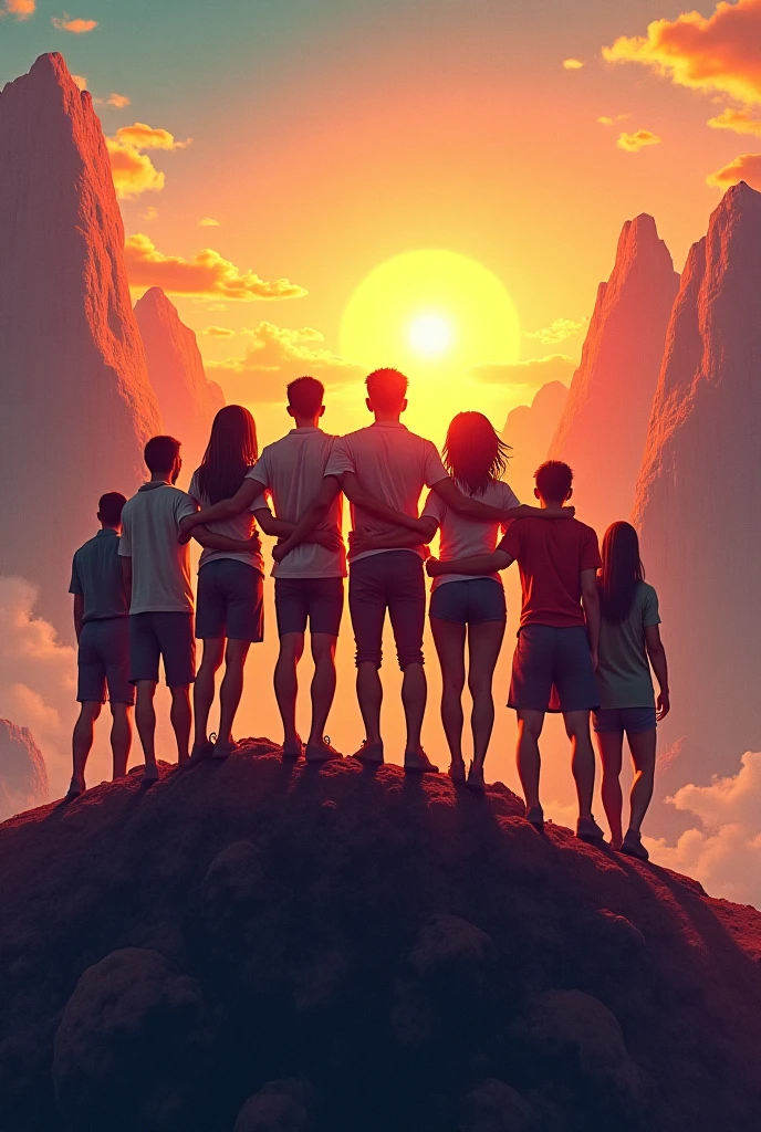 (best quality, masterpiece, ultra detailed), A dynamic illustration of a group of diverse individuals standing on a cliff, overlooking a vast, open sky with the wind blowing past them. The individuals are in various powerful, determined poses, symbolizing their unyielding spirit and unity. The sky is painted with shades of dawn, representing hope and new beginnings.