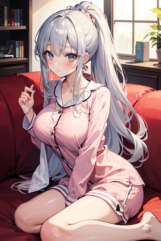 Character Details:, - Gender: 1 Girl.
- Style: Anime, - Body Type: Attractive body, nice body, nice legs, tights, nice arms, nice shoulders. - Breast: (Breast:1.2)- Facial Feature: Beautiful, Gorgeous, Teenager, Fresh, Young.
- Expression: Small smile, blush, shy Look, (blue pink eyes). - Hairstyle: Blunt Bangs. - Hair Color: (White Grey Hair:1.5), (Straight and Wavy Long Hair:1.3),
- Clothing: (Cardigan:1.4) (Tank Top:1.2) (White Skirt:1.2) (Stocking:1.2). - Body Pose: (Sexy Sitting:1.3) - Behaviour: Waiting, Want Something, Secretly.
- Accessories: Earrings, Thin Black Headband, Green Accessories, Environmental Details:, - Setting: Bed Room., - Lighting: Natural Light., - Decoration: Modern Bed, Chair, Window, White Curtain, City View. Top view. pov, anime style, UHD, retina, masterpiece, accurate, anatomically correct, textured skin. One Hand on cheek, one hand down.