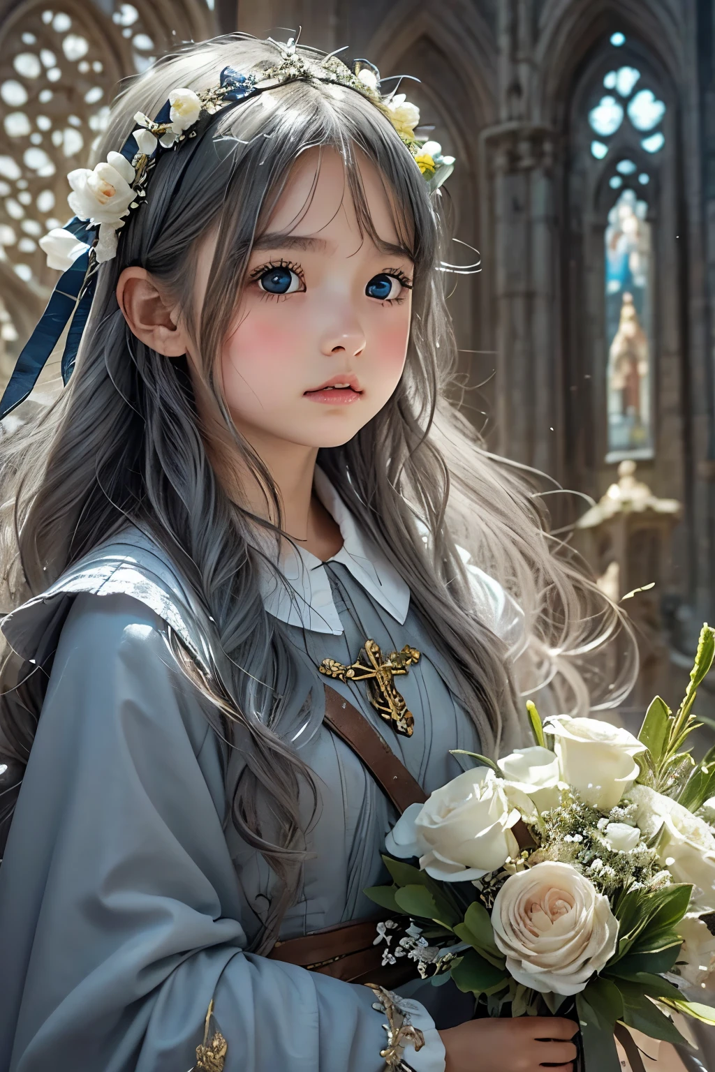 Little young girl,Gray Hair,morning,cute,fantasy, gorgeous dress ,headband,odd-eye,cathedral,bouquet