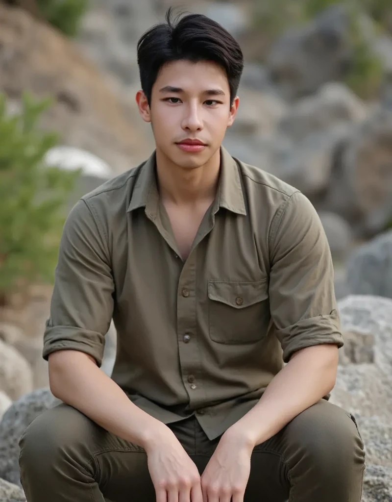 <lora:arthur_nory-04:0.75> photo of arthur_nory, wearing a (light blue:0.5) sleeveless hoodie BREAK <lora:Tank Top Stringer Shirt SD15:0.8> and cargo shorts, looking at the camera, natural lighting, (smile:0.5), posing on a rocky hillside outcrop, boulder, grass