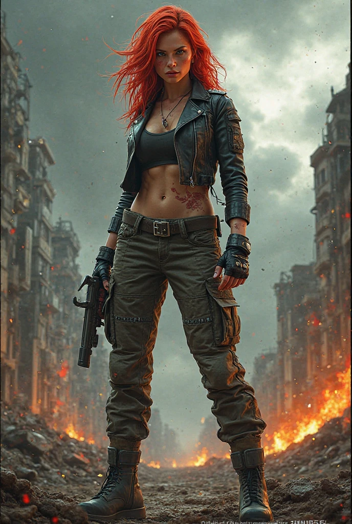 Brody Dalle with red large hair with long haircut with a pointy haircut and a really big muscular body wearing red militar pants and a black top, without tatoos and tiger stripes in her skin and a big nude breast in a destroyed city, cinematic, dramatic lighting, 4K, 8K, HD