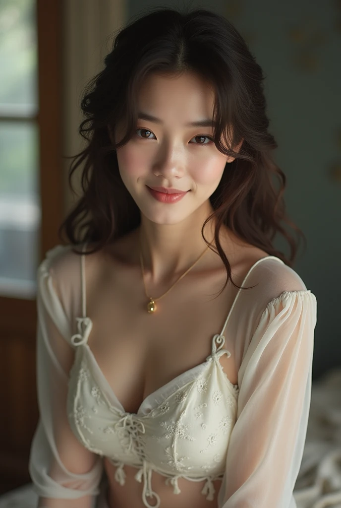 Knitted dress、Emphasized breasts、Japanese women、Realistic skin texture、cute、model like、high resolution、Natural light、whole body、Beautiful hair quality、Brown Hair、smile