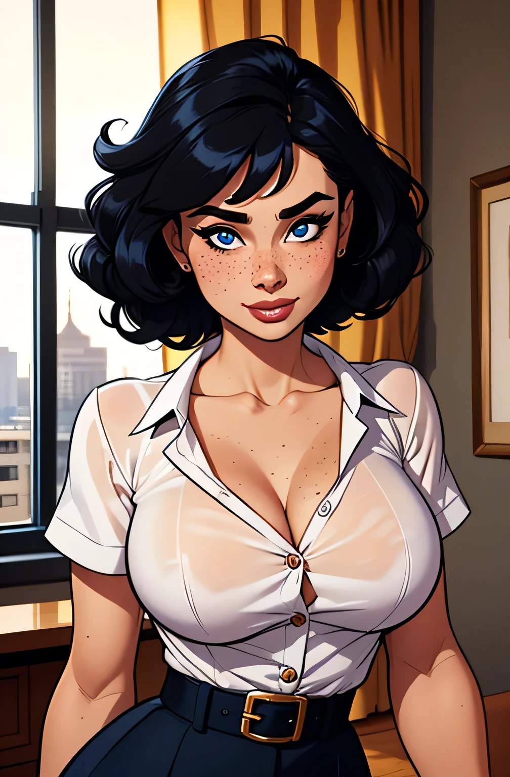 A woman, 30 years old, Mature, Super textured hair, Extra long wavy hair, Single ear front hair, Nice face, Super detailed eyes, Grow eye hair, shining pupils, Charming eyes, Beautiful and delicate lips, seductive smile, A light blush, Very detailed face, Extra detailed body, High quality real skin texture, (Advanced semi-transparent chiffon office clothing design), white collared shirt, black skirt, Lace trim at hem, Revealing black underwear, barefoot,  sultry look, seductive,
