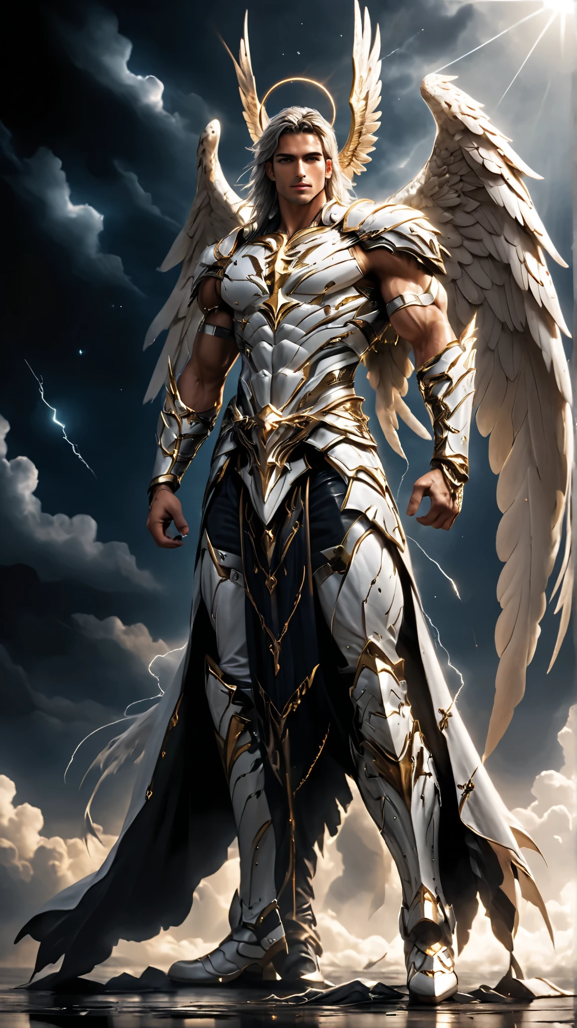 "A breathtaking male version of Archangel Michael, exuding divine power and celestial grace. His face is strikingly handsome, with sharp, chiseled features and a commanding presence. His silver hair flows smoothly, reflecting an ethereal glow. His body is perfectly toned, muscular yet elegant, embodying both strength and agility. He wears a magnificent archangel armor in deep scarlet or crimson, intricately designed with golden engravings and subtle feathered details, radiating a sense of divine authority. The armor is both regal and battle-ready, fitting his form perfectly, emphasizing his strength and power. His piercing gaze is firm and unwavering, filled with determination and righteousness. He stands in a powerful yet graceful stance, ready for battle, with a radiant light surrounding him, illuminating his form against a backdrop of stormy clouds and celestial energy."