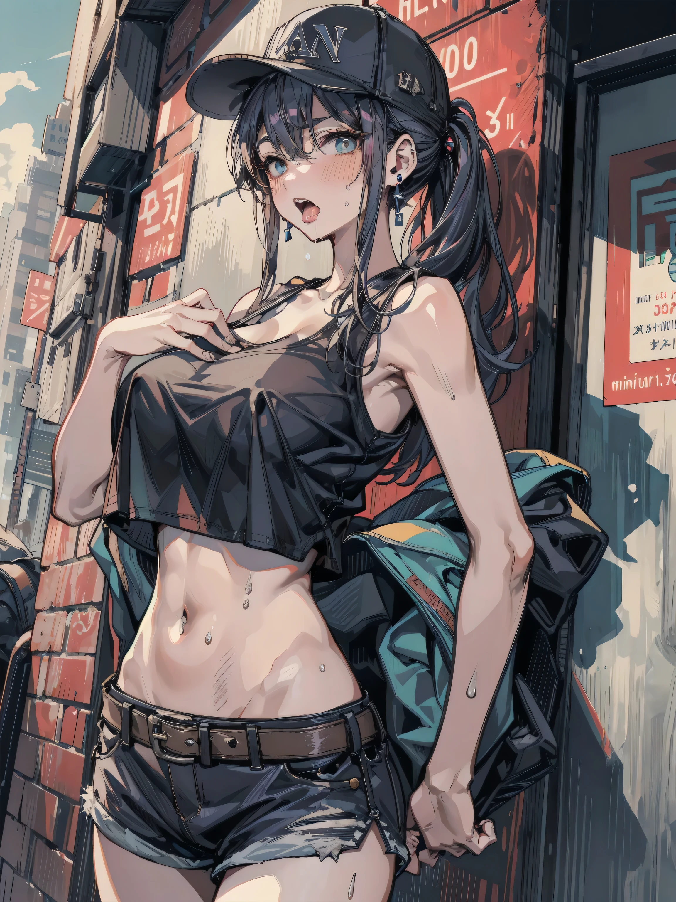 masterpiece, best quality,extremely beautiful detailed anime face and eyes,extremely detailed illustrations,Perfect Anatomy, 1woman solo,20 year old beauty、black hair,long hair,blunt bangs,black eyes,slender body, ideal ratio body proportions,medium breasts,punk rock fashion、black leather jacket、white bra、Navel is visible、Black miniskirt、pleated skirt、thigh_gap, black_thighhighs,outdoor、bustling street、neon、Tokyo、