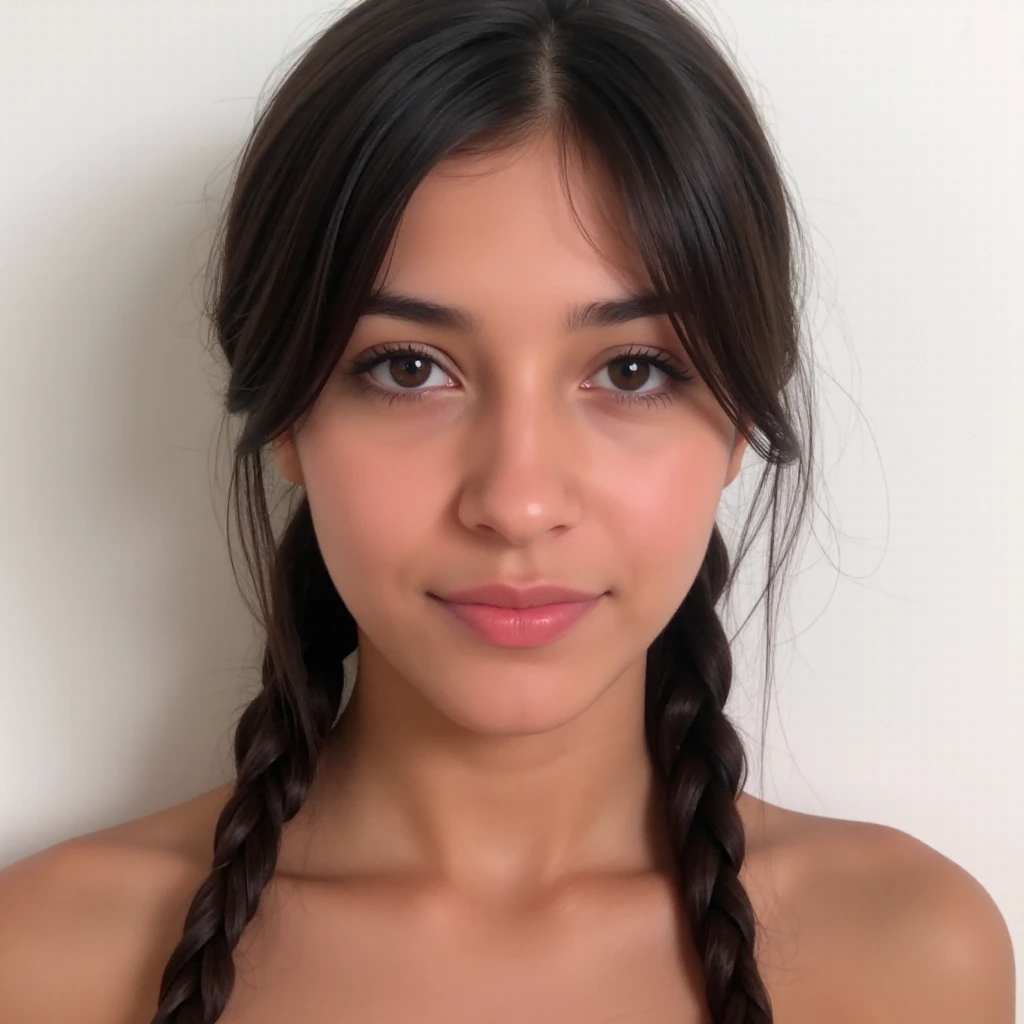 a magnificent young woman in her twenties, with Latino features. She has long, straight black hair tied entirely in a ponytail. Her face has soft and balanced contours. She has large, well-defined dark brown eyes with long, thick eyelashes and well-arched black eyebrows. His nose is straight and slightly refined, proportionate to his face. Her lips are full and defined, with a natural color, and they are closed, contributing to her neutral expression. Her skin is matte, smooth and without visible imperfections. She is wearing a black t-shirt. She is facing the camera. The portrait was taken in a photo studio, the background is entirely white