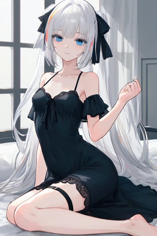 One girl with long wavy hair, white hair, looking at viewer, embarrassed, blushing, tears, indoor , bare shoulders, medium breast, black lace dress, black bra, naked, perfect waist, thigh, bed, hip high skirt, sit on, spread legs, night atmosphere, kneeling pose, hair ornament, pantyhose