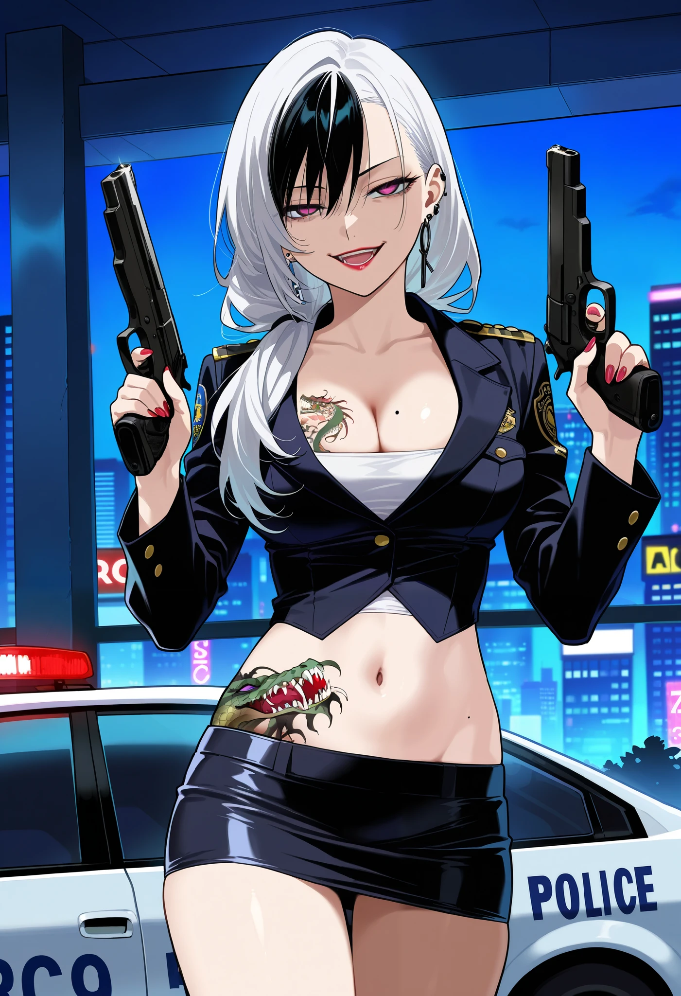 score_9, score_8_up, score_7_up, score_6_up, score_5_up, score_4_up, rating_questionable, , source_anime, digital illustration, pixiv, fanbox, uncensored, , BREAK, official art,
1girl, solo, mature female, kaneshiro,,white hair, black hair, long hair, [[[tattoo]]], earrings, breast tattoo, waist tattoo,
ear piercing, long hair, , lipstick, Hot girl, baddie, , sensual, attractive ,bar background, inside bar,indoors, cityscape, casino, nightclub, city lights, masterpiece, best quality, highly detailed, a girl in police uniforms , police outfit, military outfit, open mouth, cleavage, evil smile, smile, , (nsfw) not safe for work, official artwork, micro pencil skirt, pencil skirt, micro skirt, exposed belly, exposed navel, exposed midriff, exposed lower belly, holding a gun, holding pistol,next to police car,police station, police car, dragon tattoo, narrowed eyes, tattoo midriff ,, dual wielding, , smirk