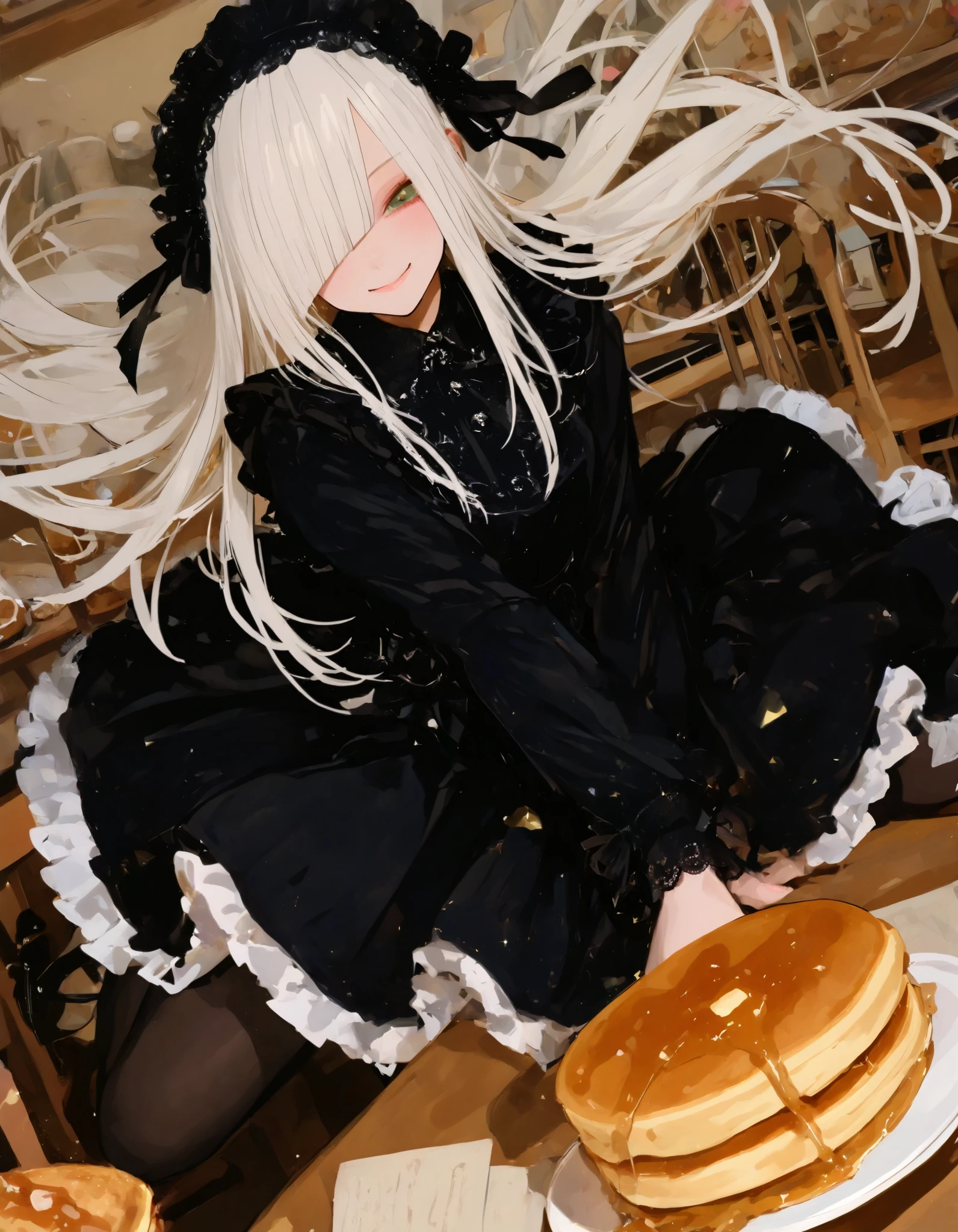 Araffe dressed in a black dress and a white wig sits on a table with ...