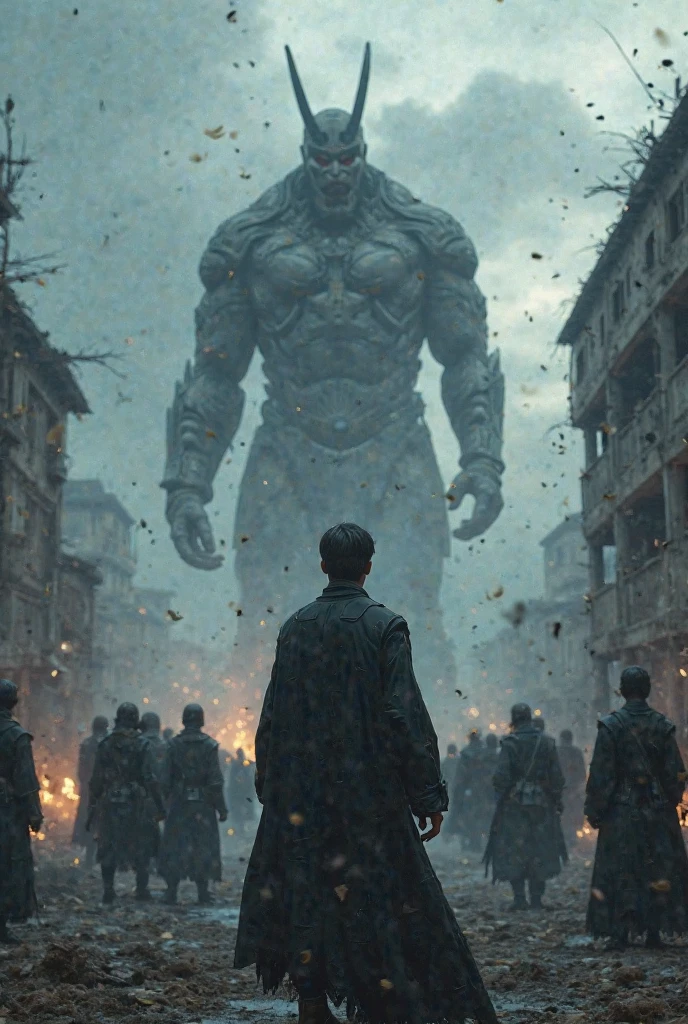 A desolate, post-apocalyptic cityscape, with a colossal, mutated, and grotesque creature lurking amidst the ruins, casting an ominous shadow