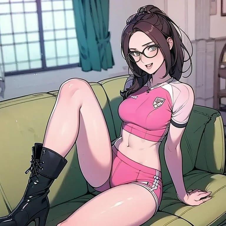Mature woman with black hair and glasses wearing a red long-sleeved gym uniform and red gym pants with white rubber boots sitting on the bed and stroking her penis with pink rubber gloves