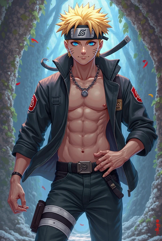 full-body, bright, a blond-haired boy with blue eyes and a whisker-marked face, wearing a black tracksuit with red stripes and a green flak jacket, holding a kunai in his right hand and a shuriken in his left hand, standing on a tree branch in a forest, a mark on his left palm that resembles a diamond with four triangles around it, 4k, anime