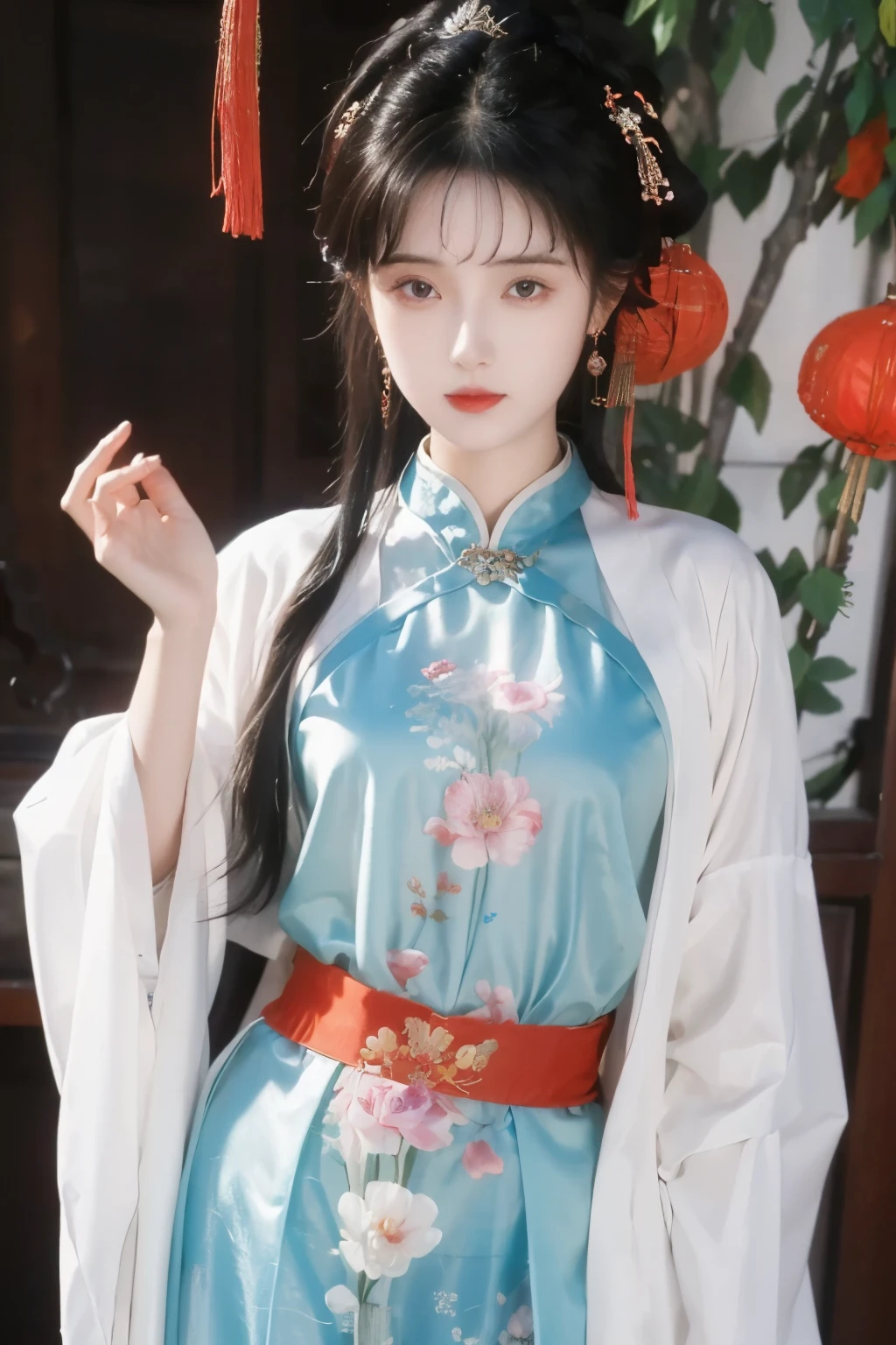 ( masterpiece, top quality, Best Quality, official art, beautiful and aesthetic:1.2), (1 Girl:1.3), flat chest, extremely detailed,(Fractal Art:1.1),(Flowers:1.3),Highest Detail,(dynamic pose), (background:1.3), (traditional Chinese costume:1.2), (shiny skin), ( many colors :1.4), ,(earrings:1.1),