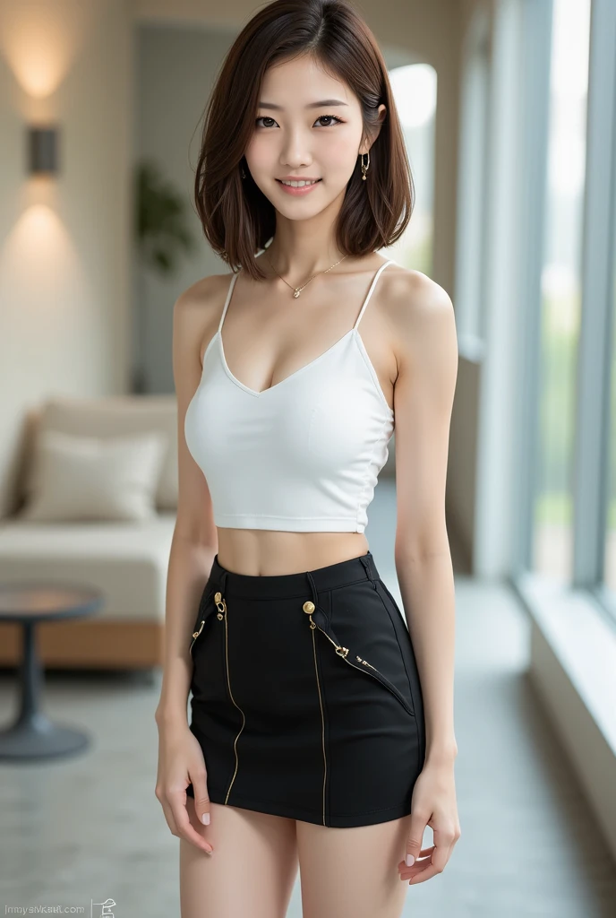 ((Best Quality, 8K, Masterpiece: 1.3)), a tall and beautiful woman, perfect figure: 1.4, slender abs, dark brown hairstyle, short hair, white yoga pants, without any posture movements, standing straight, highly detailed face and skin texture, detailed eyes, double eyelids, smiling, royal sister full of fan