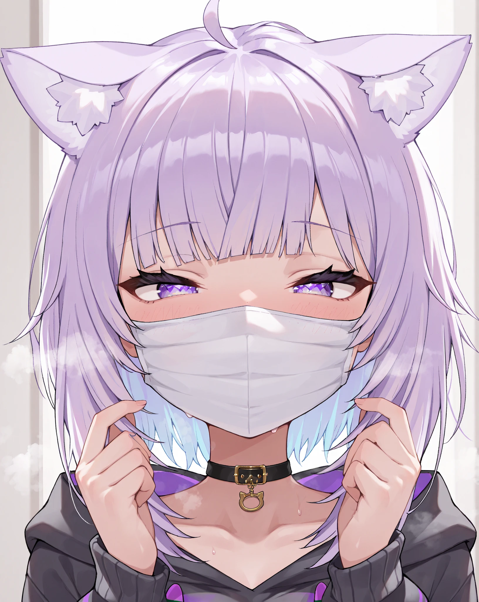 masterpiece, best quality, high quality, detailed, ultra detailed, beautiful, exquisite, insanely detailed, hyper detailed, 16K, absurdres, highres,solo,Nekomata Okayu,Hololive,steam,sexual excitement,Smell, narrow eyes,blunt bangs,focus face,white mask,