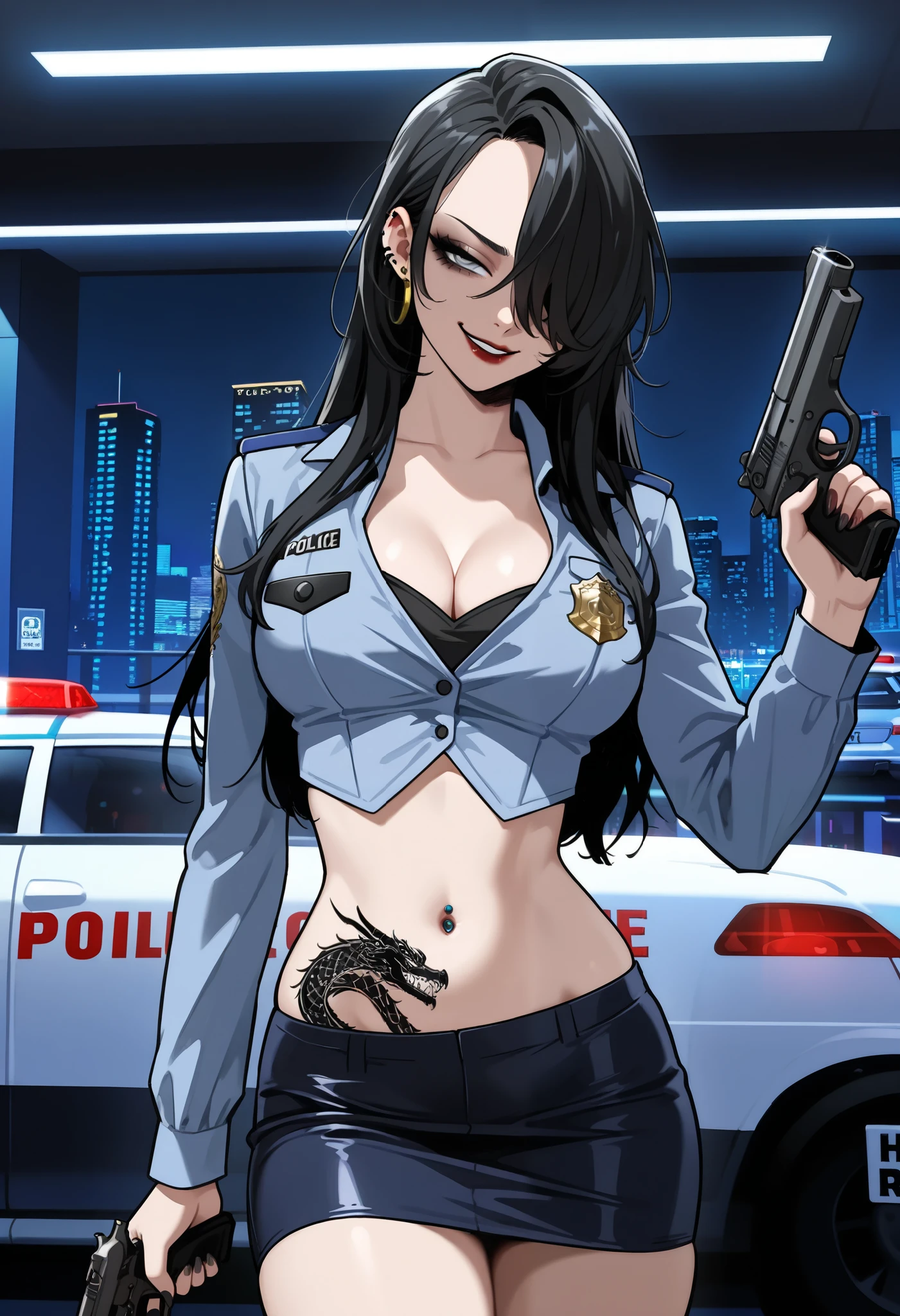 YumiLeeV1, black hair, hair over one eye, grey eyes,
ear piercing, long hair, , lipstick, Hot girl, baddie, , sensual, attractive ,bar background, inside bar,indoors, cityscape, casino, nightclub, city lights, masterpiece, best quality, highly detailed, a girl in police uniforms , police outfit, military outfit,
open mouth, cleavage, evil smile, smile, , (nsfw) not safe for work, official artwork, micro pencil
skirt, pencil skirt, micro skirt, exposed
belly, exposed navel, exposed midriff, exposed lower belly, holding a gun, holding pistol,next to police
car,police station, police car, navel piercing, dragon tattoo, narrowed eyes, tattoo midriff ,, dual wielding, , smirk