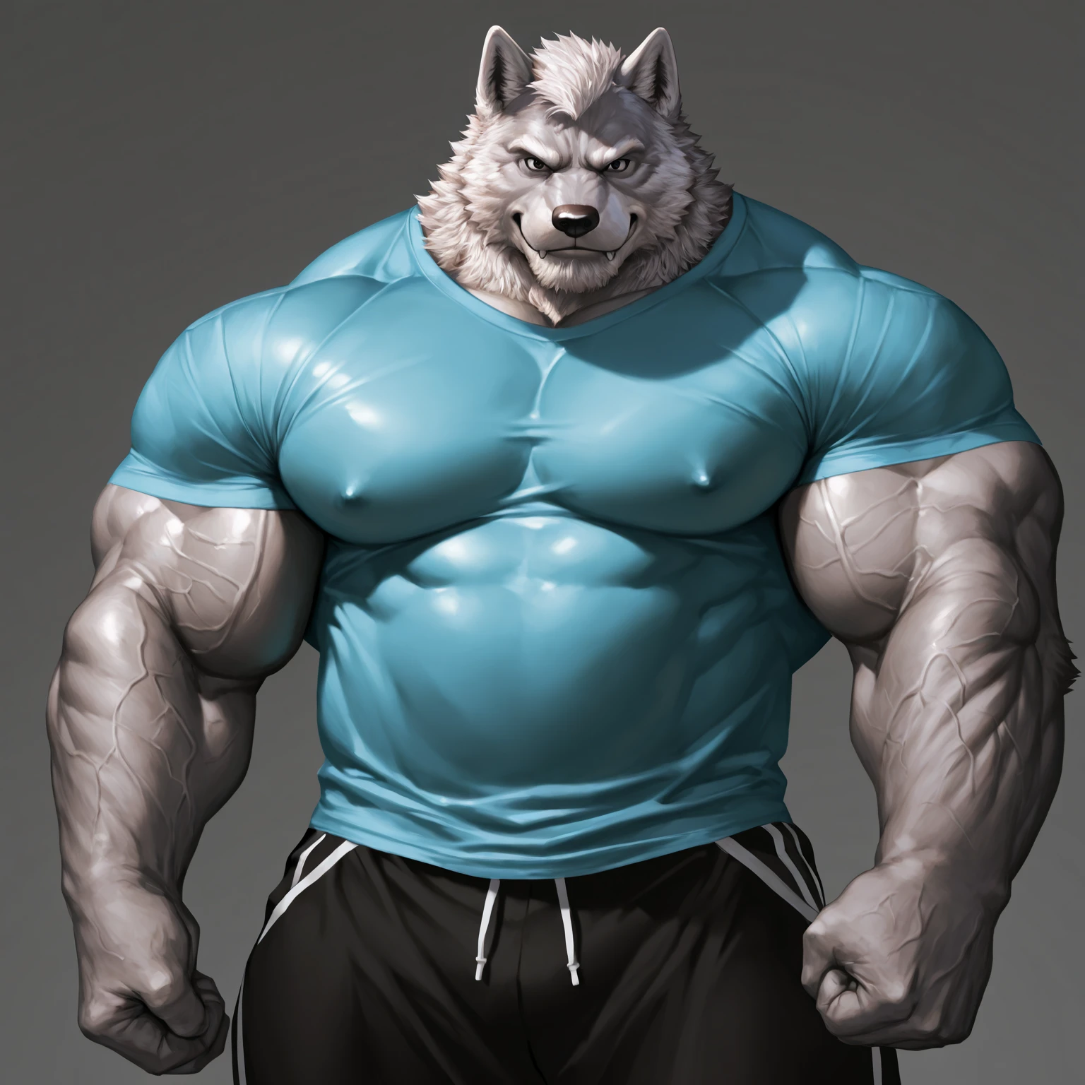 furry growth, hyper growth, hyper muscles, wolf, shirtless, white shorts, muscular, on a gray background