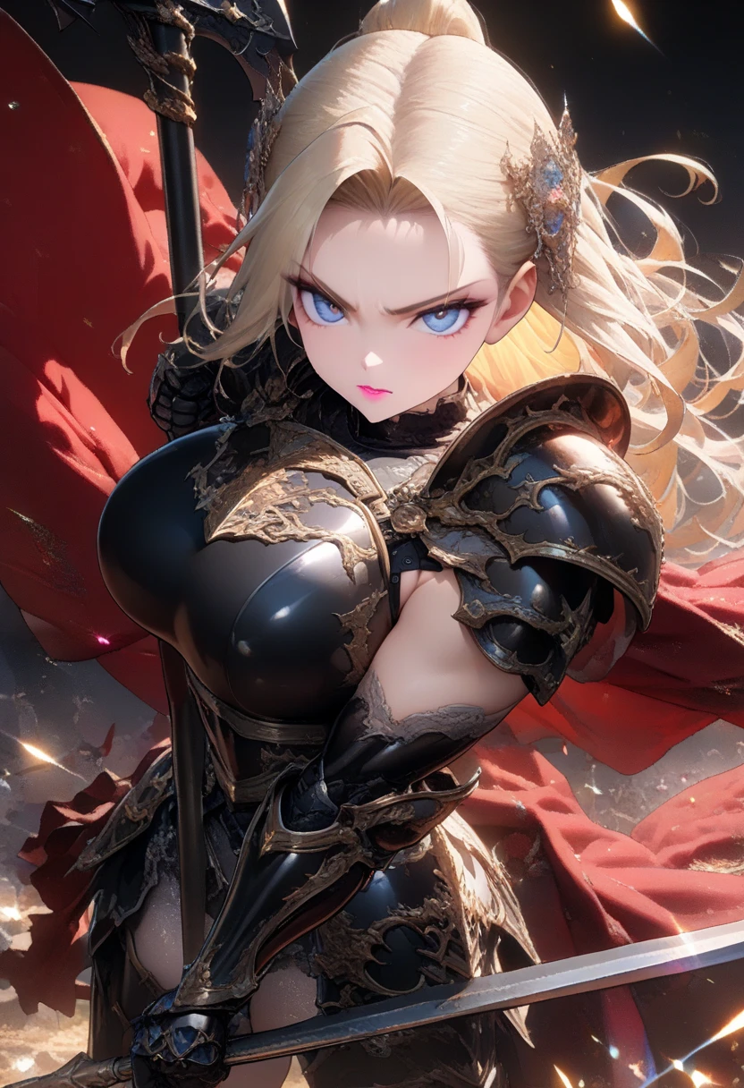 (Perfect Anatomy)、Mastepiece、Ultra High Quality、 8K、masterpiece、Highest quality、Ultra-high resolution、Maximum resolution、Very detailed、Professional Lighting、anime、Adult female、thin、so beautiful、Highly detailed eye、Highly detailed face、Armored Dress, Red and black armor, , Black decorated gorgeous tiara,Red earrings,Frilly Armor,Golden Hair, The tips of her hair are pink、Golden Eyes,White underwear、forest、Bow equipment, equipped with a bow and arrow, female archer, Archer, Defeat the enemy on the battlefield, angry, 独奏 / 1girl、shoot a bow, Cleavage、Overall image
