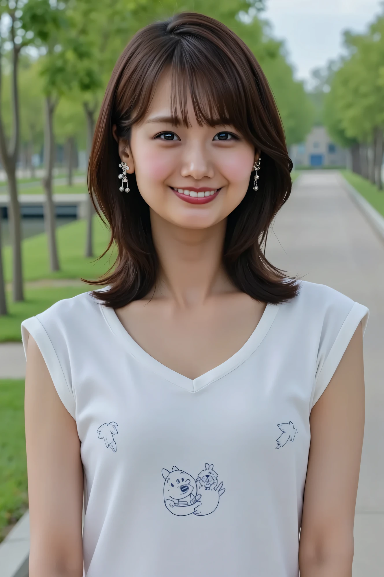 ((( High Resolution , top quality, very well detailed, masterpiece ,  highly detailed photos , realistic , Real people , Ultra precise skin ))) ,    , (   from the front  ) , full body ,  Advance Shot ,  Viewer , ( giggle face ) , { wearing the sleeveless T-shirt   : 1.8 } , black hair ,   medium hair , medium breasts , focus on the pubic area , Between the legs , the dark hours of dawn  , (( tuck hair behind the ear : 1.8))  , { nsfw , put the pingers in pussy }   ,  In the park