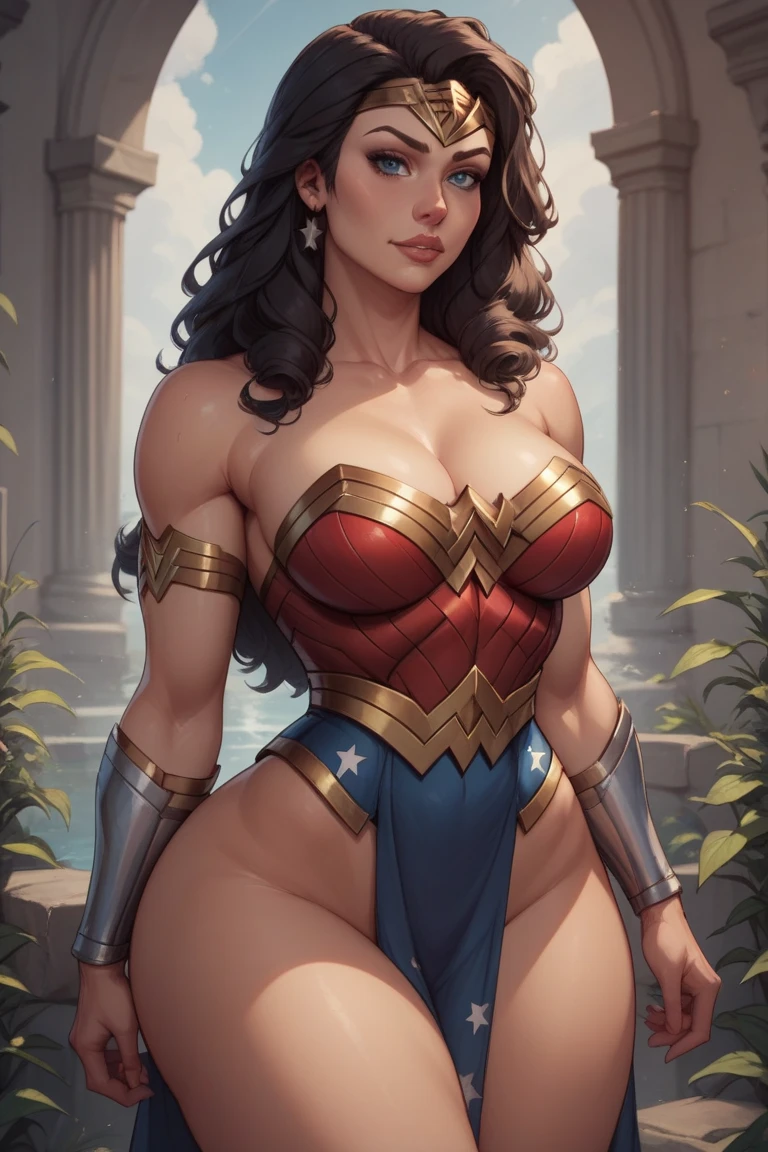 (Sexy Wonder Woman outfit: 3.5), ((highest quality)), ((Masterpiece)), (detail), background ultra muscular warriors training, (high resolution: 3) full body, full head, Katheryn Winnick dressed as Wonder Woman flexing biceps, ((intricate details, makeup), (beautiful face, perfectly proportioned face), (giant breasts: 3.95), high detail skin, thick skin, enormous very muscular bald, best proportions, friendly look,  lips, makeup, massive and marked muscles, sexy, elastic (muscles: 3), ((strong and healthy body)), ((more) muscles)), black hair, white skin, barefoot, long legs, curves, very thick and very muscular legs, wide and large muscular buttocks, thick legs, showing buttocks, thin waist, soft waist, (detailed skin), (shiny skin), (beautiful and sexy woman), (swollen lips: 0.9), (eyelashes: 1.2),  very strong muscle size and large veins), wide and muscular shoulders, prominent trapezoids, very detailed, very curvaceous legs, full arm, (16k wallpaper), high detail, sharp focus, cinematic, ,