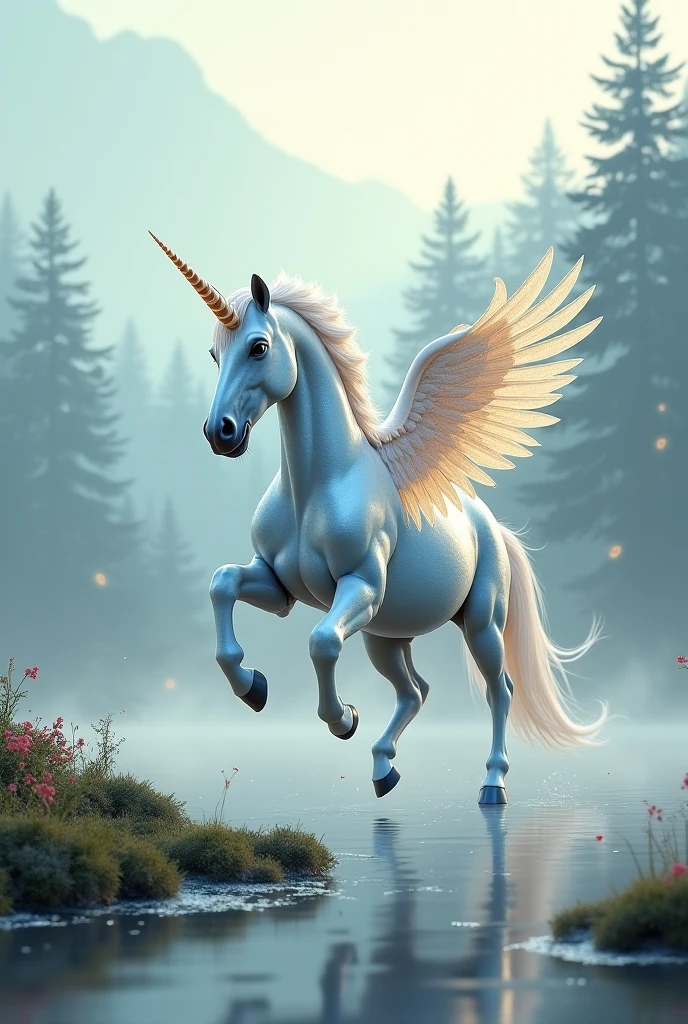 Unicorn pegasus with a mane of many colors in 3D and lots of light, with dolphins and that they are between sky and sea and clouds