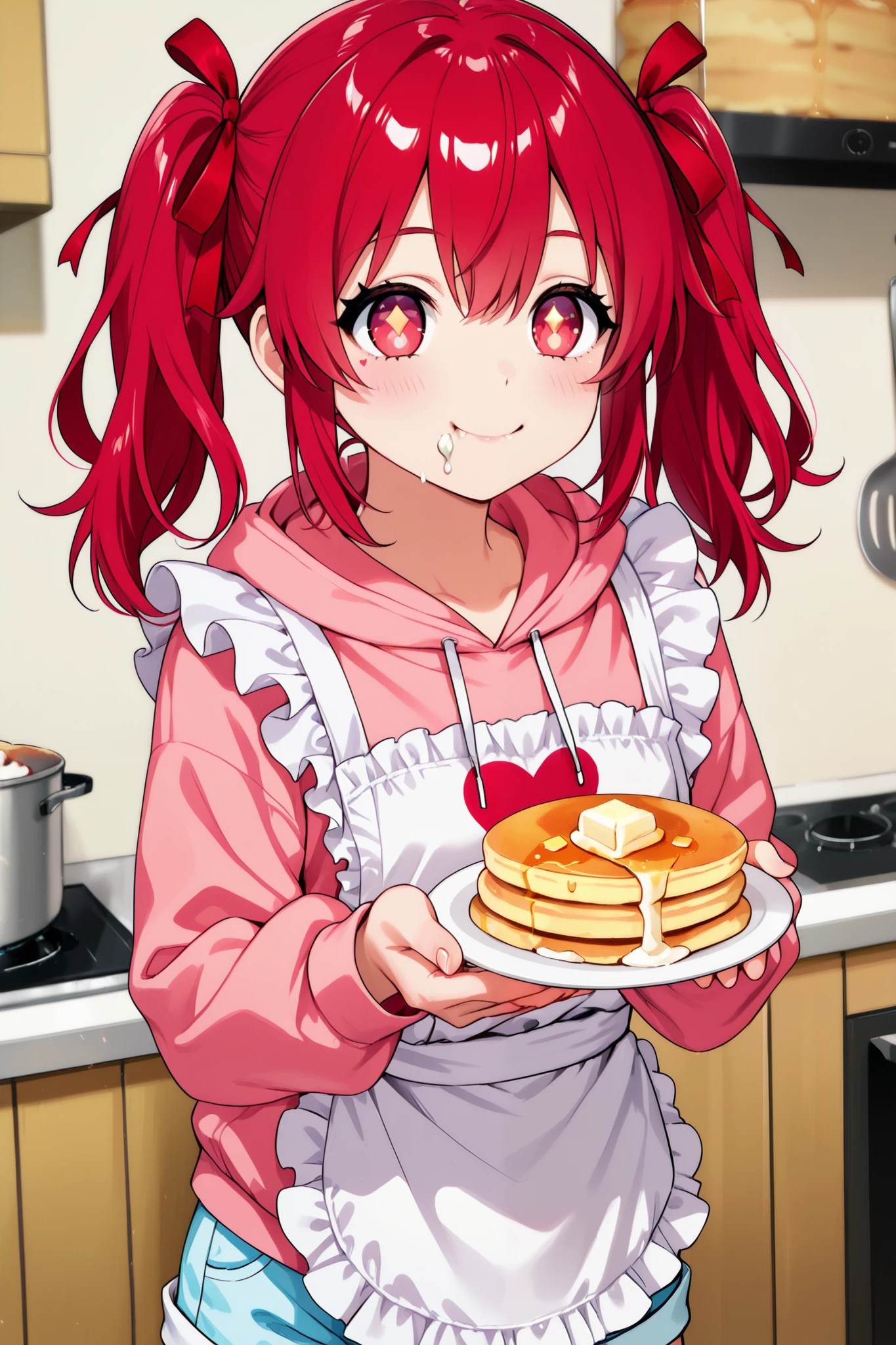 red hair 、girl with twin tails、 red heart ribbon 、 Smile、I have fresh cream on my mouth、smile、((Hold a pancake with both hands as if holding it out in front))、Pancakes with fresh cream and fruit、White frilly apron、pink hoodie、Light blue shorts、kitchen