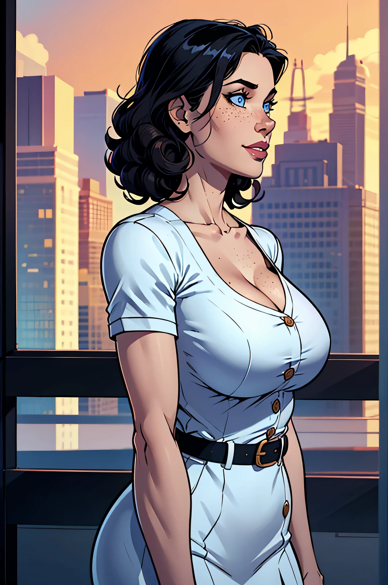 Gorgeous and sultry busty athletic (happy) brunette with sharp facial features, athletic bun, large breasts and a (large nose) wearing a loose light blue top, low-cut wide neck, loose sleeves, white skirt