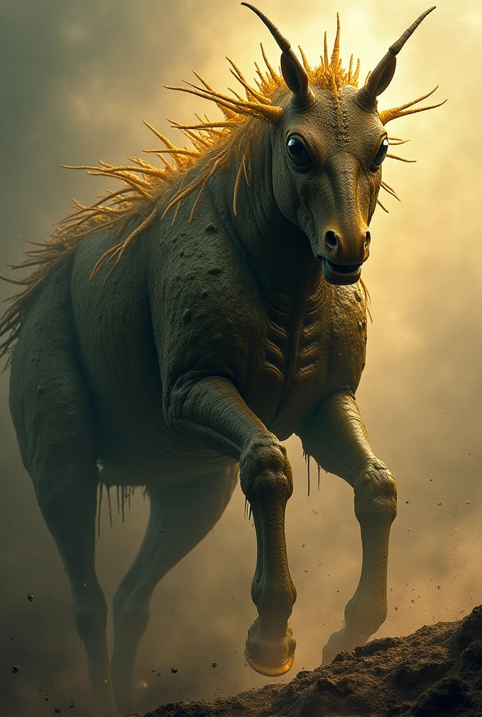 A man with a horse nose with 5 legs and 3 arms angry
