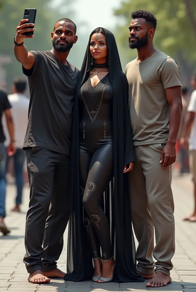 A veiled Muslim white dominant woman, She has black leather boots on her feet. Only the woman's eyes are visible. The woman has a big stick in her hand.. Anklet on woman's ankle, There is a key in the anklet. There are naked black male slaves kneeling in front of the woman. In the sky : Mistress Salome" writes.