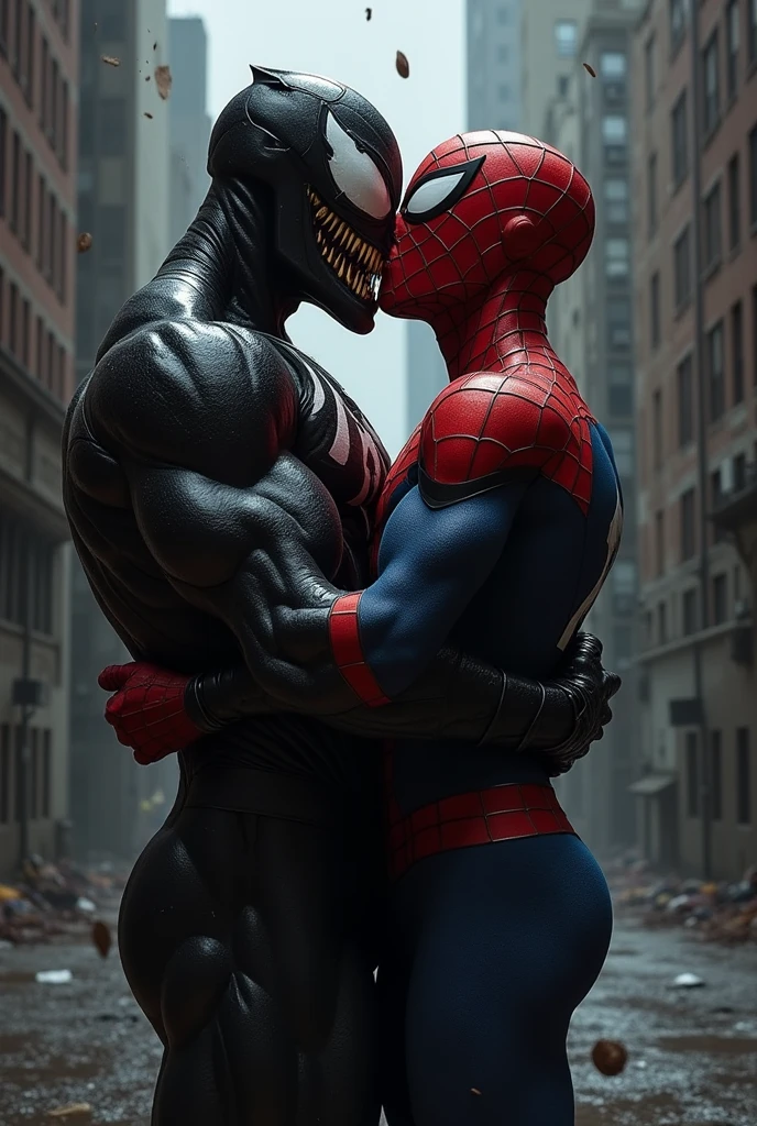 Muscular Spider-Man and Venom drinking beer in a gay men's bar where everyone wears only underwear, Venom holding Spiderman by the waist while they both drink their beers