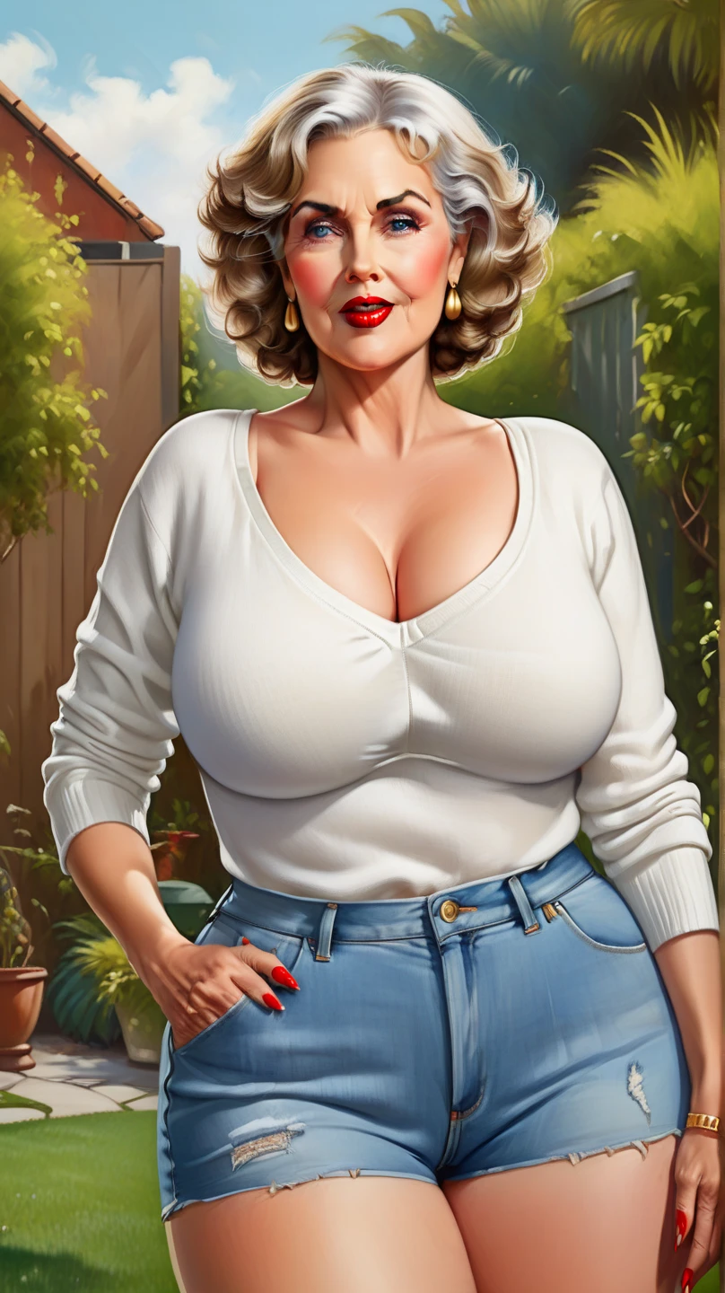A colored pencil sketch of a beautiful 55yo swedish farm wife, she has hefty glutes, Rear shot Photo of a mature white woman, Christian vibes, beautiful face, greying brunette hair, slightly aged, happy (smiling), red cable-knitted v-neck sweater, thong underwear, busty, cleavage!!, outdoors, farmland background, rural life, body directly facing camera, sfw