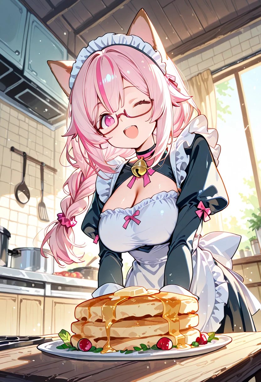 Nsfw, 1girl, solo, loli, dog girl, girl genius, dipstick ears, oppai loli, right pink eyes, tareme, large breasts, petite,
long hair, single braid, scrunchie, under-rim eyewear, streaked hair, hair Light pink scrunchie, neck bell, cleavage,
happy, closed eyes, with rabbits,
Cooking Pancake,
spring, day, kitchen, wooden table,
maid, maid headdress, maid apron,
standing, singing song, wink,
cowboy shot, from below,
light particles,
best quality, highres icon, highly detailed, xss,