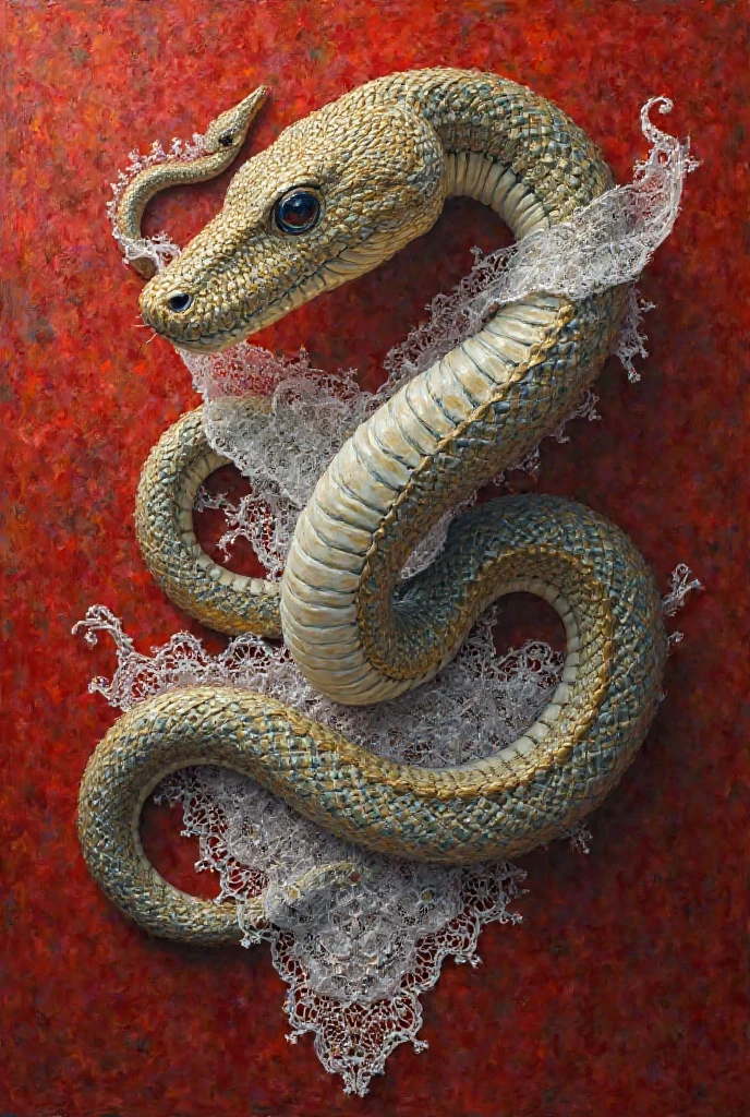 Fine Art Oil Painting: The Serpent & Lace red under painting no portrait
Composition & Concept:
• A serpent intricately intertwined with an ornate lace collar, without any human presence.
• The serpent’s curves and movement should create a balanced yet dynamic composition, ensuring strong visual flow and elegance.
• The lace should appear weightless and delicate, either floating, wrapped around the snake, or forming intricate loops and patterns that complement its movement.
• The background should provide depth and atmosphere, subtly supporting the composition without overpowering it.
Color Theory & Harmony:
• A bold yet well-balanced color scheme, carefully chosen based on color theory to enhance contrast and visual impact.
• Possible combinations:
• Deep blues & warm oranges (classic complementary contrast).
• Rich crimson reds & golden yellows for a dramatic, regal effect.
• Earthy tones with muted metallics for a sophisticated, timeless look.
• The serpent’s scales should reflect light subtly, creating depth and realism without being overly shiny or metallic.
• The lace collar should remain soft white, ivory, or a lightly tinted pastel, ensuring contrast while maintaining a delicate presence.
Painting Execution:
• Smooth, professional oil painting style with soft blending—no visible brushstrokes, rough textures, or digital effects.
• The lace should feel airy and intricate, with delicate embroidery and fine shadows.
• The serpent must feel alive and natural, with realistic scales, soft highlights, and a sense of weight and movement.
• The background should be subtle yet deep, complementing the main elements without distraction.