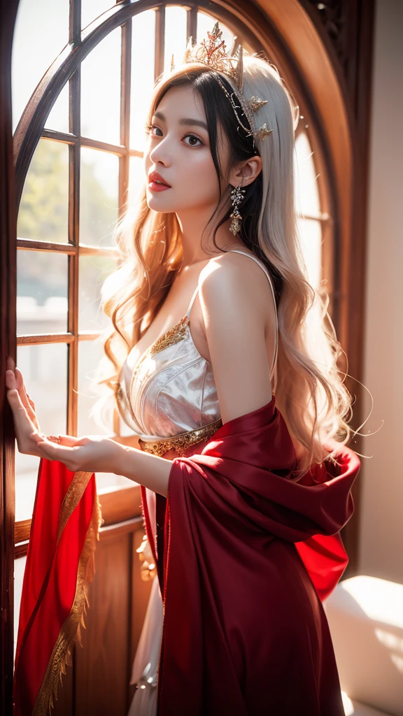 4K, UHD, masterpeice, 1 girl, petfect body, good face, very long hair, ((white skin)), fairytale fantasy outfit, red coutfit, bare waist, fujicolor, window, depth of field, ray tracing, ultra realistic detailes, attractive poses,