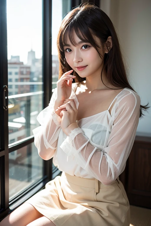 8K raw photos、hight resolution、Japan at the age of 18、beautiful eyes finely detailed、long eyelasher、beautiful double eyelid、eye line、Slender eyes、elongated eye shape、Beautiful and legally thin thighs of Sanpakugan、Random long hair、A smile、Sheer white long-sleeved blouse、Black tight skirt、Cowboy Shot、Sit on the bed、Black stockings、