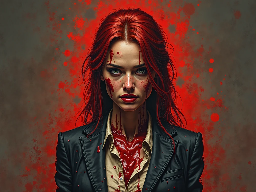 dark anime style, main character woman with long red hair with sinister expression and bright yellow eyes. He wears a black suit with a white shirt stained with blood.. The scene takes place inside an airplane with intense red lighting., dark seats splattered with blood, creating a dangerous and apocalyptic atmosphere. Includes signature of the artist 'KADEART' in the center of the image. Sharp lines and detailed textures, especially in blood and lights