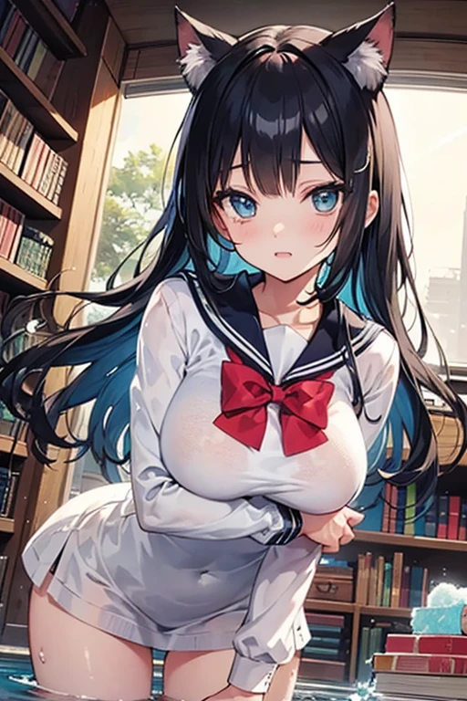highest quality,wonderful,finely,extremely detailed CG Unity 8K wallpaper, (1 Girl,Black Hair, Blue Eyes,double bun), (gigantic breasts:1.2), (Sailor swimsuit:1.1), (open mouth:1.2), (long tongue:1.2), (mouth drool:1.2),(zettai ryouiki:1.2)