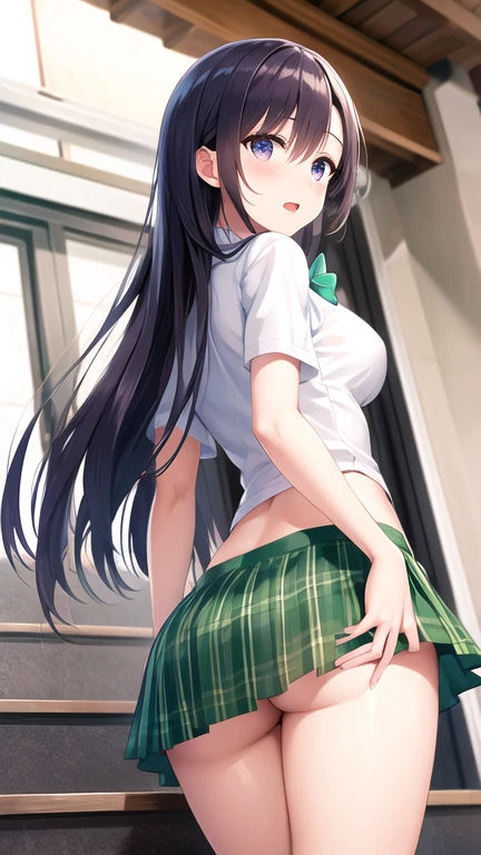 NSFW,(Natural finger shape:1.5),4K,masterpiece,((Focus on the face)),((Symmetrical facial features)),Eye for detailed depiction,Beautiful woman,Excellent style,Beautiful feet,(Small Ass,Thin thighs),(stockings,High heels),Detailed depiction of the face,Small earrings,Low angle photo,((Sleeveless,Green Check Skirt)),Hide and seek in the park early in the morning,blue blonde,Close-up photo of the upper body,(Beautiful girl holding a mobile phone in her hand),Panty shot
