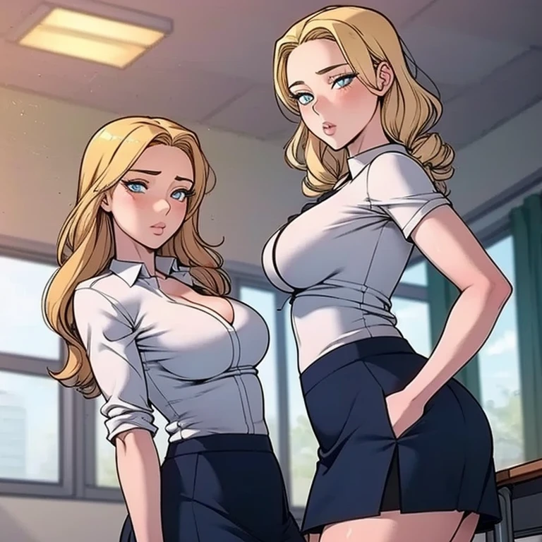 2girls, breasts larger than head, large breasts, huge breasts, massive breasts, curvy waist, curvilinear waist, thick thighs, short hair, silver hair, juicy body, juicy ass, juicy breasts, full thighs, full breasts, orange eyes, fat breasts, swollen breasts, at the school corridor, student uniform, buttonned uniform, black skirt, bursting breasts, pantyhose, young girl, school girl, bra visible under shirt, buttoned shirt, social shirt, busy corridor