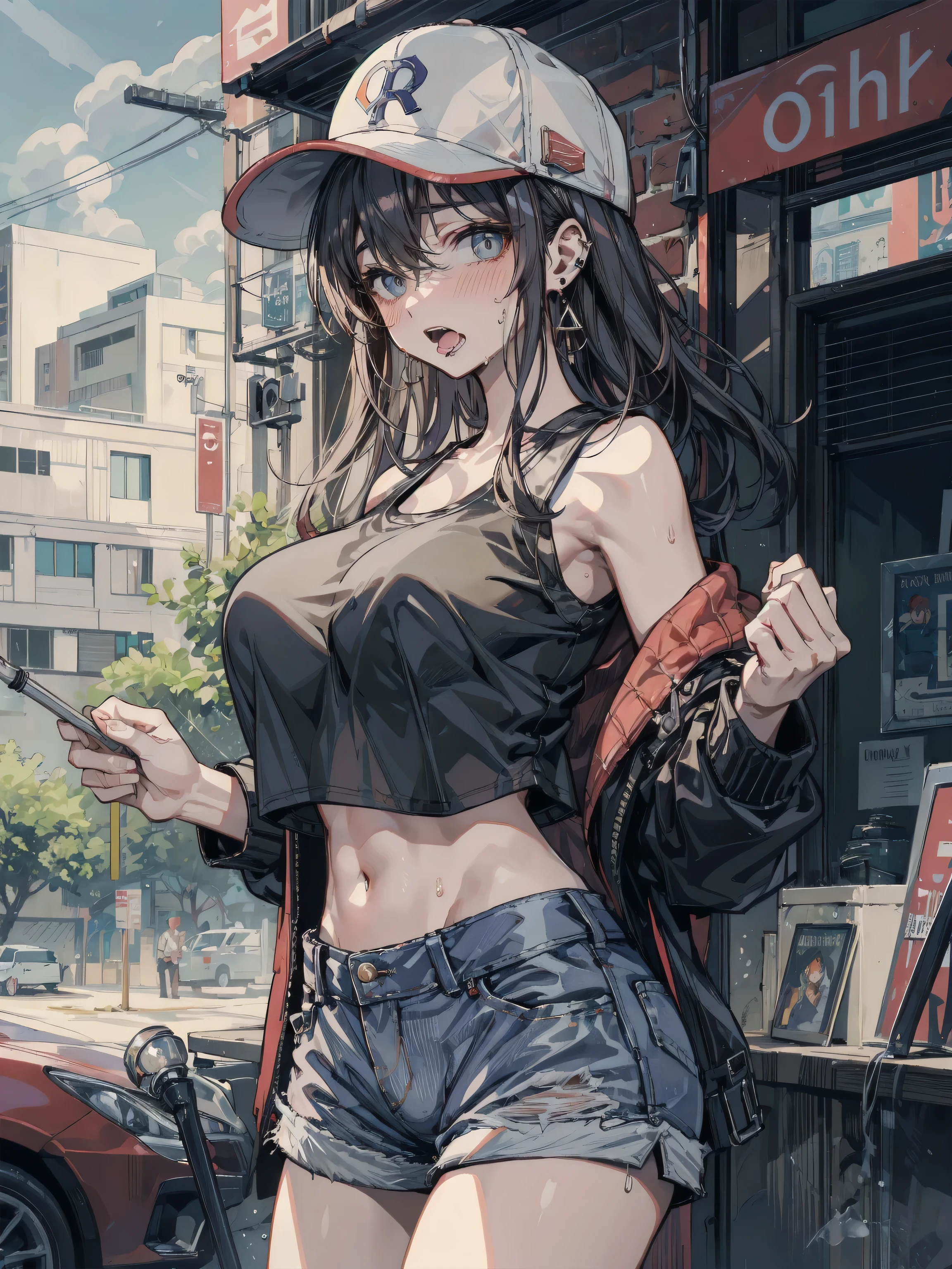 ideal ratio body proportions, perfect anatomy, correct body, earring, huge breasts, medium hair, black hair, eye rolling, drooling, with tongues, saliva, open mouth, blush, sexy, erotic, seductive, Sensual, adult body, sweat, looking at viewer, cowboy shot, outdoor, baseball cap, black tank top shirt, crop top, shorts,