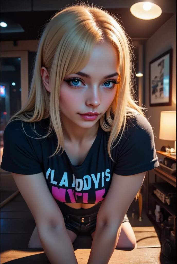 punctuation_9, punctuation_8_High above, punctuation_7_High above,punctuation_6_High above, punctuation_5_High above, punctuation_4_High above , breasts big, 1 girl, standing alone, hollow, hollow,makeHigh above, hair blonde, bangss, side locks, thick eyebrows, hair between the eyes, curved, collant branco, choker, thigh boots, cutaneous dentition, pub \(place\), neon lights, light particles, looking ahead at viewer,