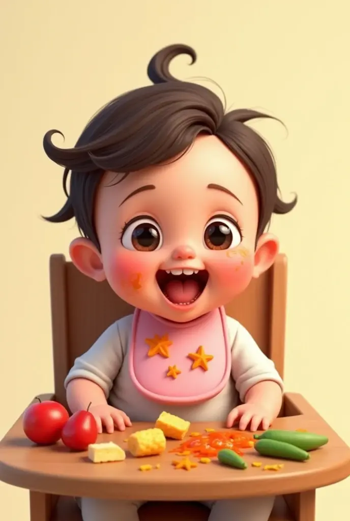animated with a dark brown hair and wearing a white shirt and a pink drool bib that is sitting in a brown high chair eating foods gets his bib very messy because of the food