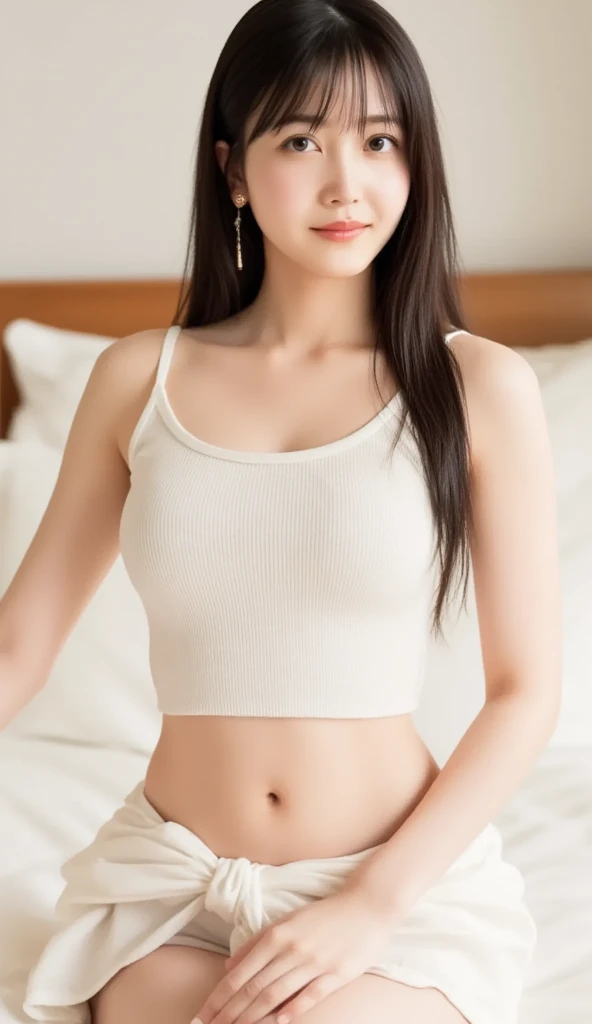 Teenage girl, age 20, dreamy white skin, small firm breast, wearing cream cotton top crop string, brown cotton shorts, medium wave long black hair, barefoot, living room scene, seduce pose on CANON 5D Mark IV, 135mm Lens, photoshoot, Depth of Field, intricately detail, hyperrealistic textures, focused, photography, white colour lighting tone.
