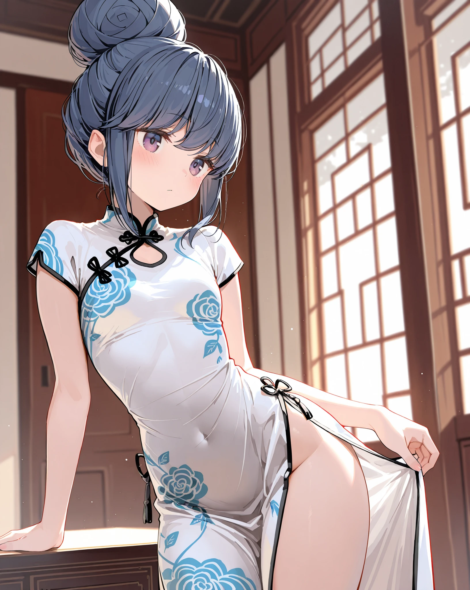 score_9,score_8_up,score_7_up,source_anime,cowboy shot,Idealized Forms,Natural Light,details background,blurry background,extremely detailed,yuuka((bulearchive),(blush),white china dress,See-through