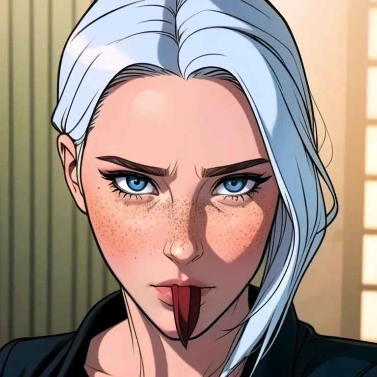 Woman with platinum hair Chanel  .  Intense navy blue eyes and an angelic beauty .  She has light freckles on her flushed cheeks and her mouth is red.  wears a black dress with long sleeves . Realistic 2d image  