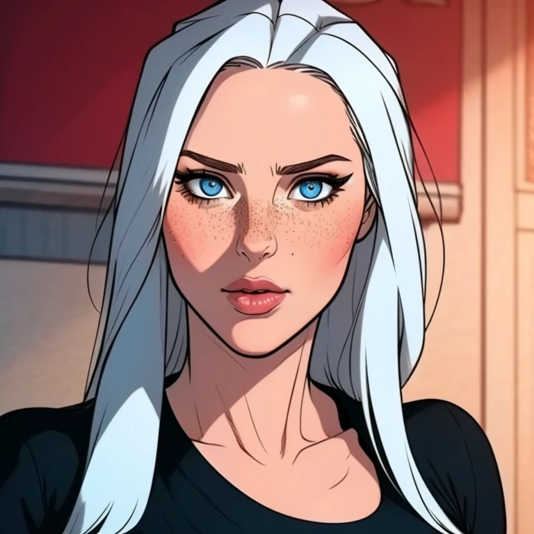 Woman with platinum hair Chanel . Intense navy blue eyes and an angelic beauty . She has light freckles on her flushed cheeks and her mouth is red. wears a black dress with long sleeves . Realistic 2d image