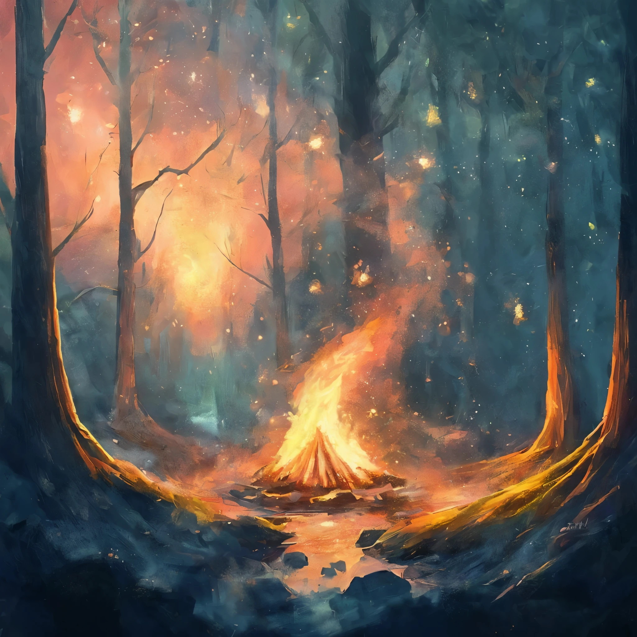 painting of a campfire in the woods with fire in the middle, magical atmosphere, Magical forest background , magic background , magical atmosphere, Fantasy Picture HD, magical concept art, A magic meadow , background image , Magical fantasy forest, fantasy art realistic painting, magic composition, Mystery scene , magic forest in the background , bonfire on , Beautiful fantasy picture , realistic fantasy painting