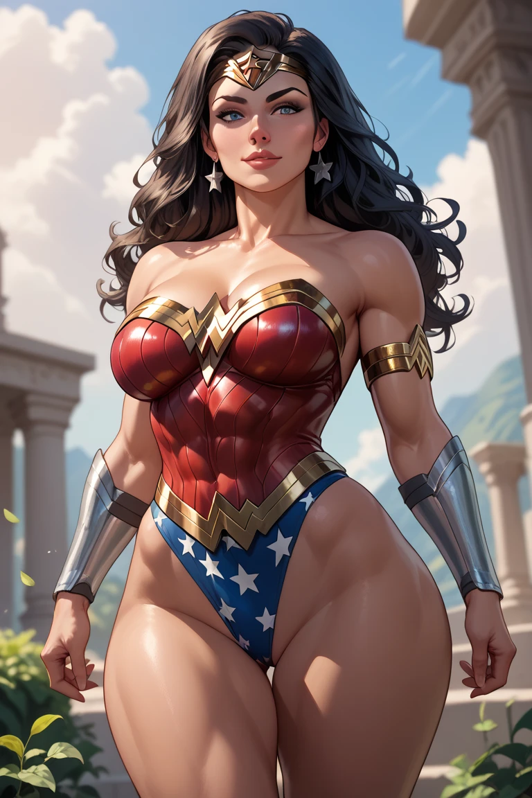(masterpiece:1.2, best quality), back lighting, 1lady, solo, long hair, big breasts, Wonder Woman, (Intricate details, makeup), (Delicate and beautiful delicate face, Delicate and beautiful delicate eyes, perfectly proportioned face), (Glossy skin: 1.0), delicate skin, strong and realistic blue eyes, realistic black hair, lips, makeup, natural skin texture, tiara, jewelry, star \(symbol\), leotard, silver bracelet, red knee high boots, golden belt, (public clothing: 1.5), bare shoulders, (light taned skin:1.4), mature, sexy, elastic muscles, (muscles: 1.2), ((strong and healthy body)), ((((more) muscles))), long legs, curves, (big breasts: 1.3), ribs, thin waist, soft waist, (delicate skin), (beautiful and sexy woman), (swollen lips: 0.9), (eyelashes: 1.2), very delicate muscles, perfect body, perfect anatomy, perfect detail, perfect fingers, perfect limbs, (shiny skin:1.2), full body,